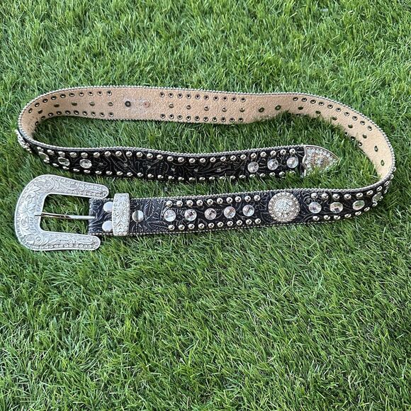 Blazin Roxx Bling Black Leather Belt Large Buckle Rhinestones Womans Size Large - Picture 1 of 11